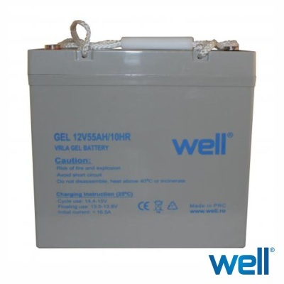 Bateria VRLA GEL cinza com texto azul da marca Well e alça de corda branca