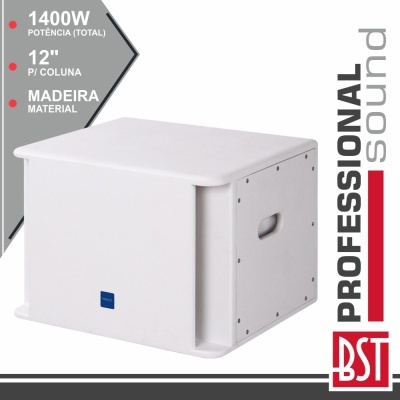 Altifalante branco profissional de madeira com marca BST e informações de potência e tamanho