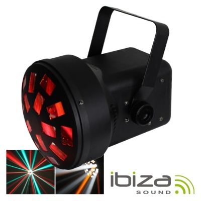 Projetor de luz preto com luzes vermelhas e logotipo ibiza SOUND