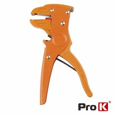 Alicate descascador de fios elétricos laranja com mola em metal e fundo branco