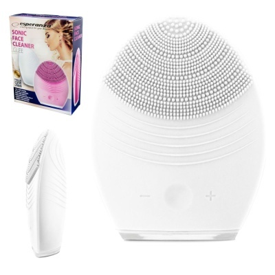 Aparelho de limpeza facial elétrico branco em silicone com cerdas, ao lado da caixa do produto