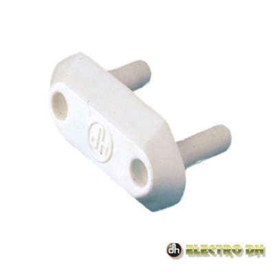 Peça plástica branca com duas hastes cilíndricas e logótipo 'dh'