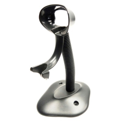 Suporte para leitor de código de barras preto com haste flexível em fundo branco