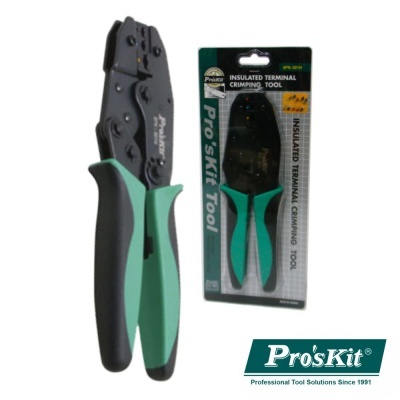 Alicate de crimpagem Pro'sKit com cabos verdes e pretos em embalagem preta e verde