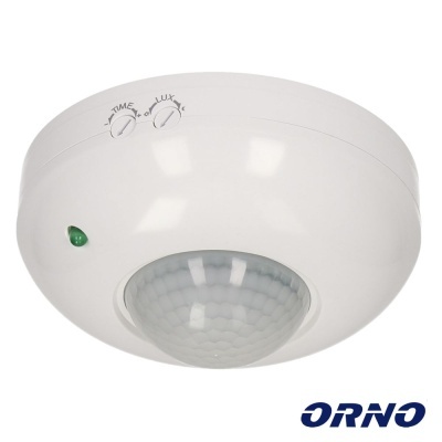 Sensor de movimento de teto branco com botões de ajuste e marca ORNO