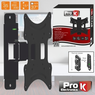 Suporte de parede preto Pro K Electronics FX204 com embalagem e instruções de instalação.