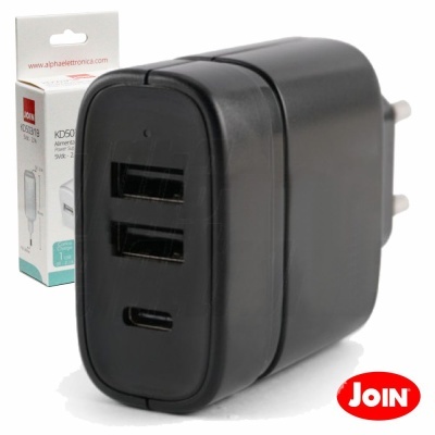 Carregador de parede preto com três portas USB e embalagem branca com texto e logotipo