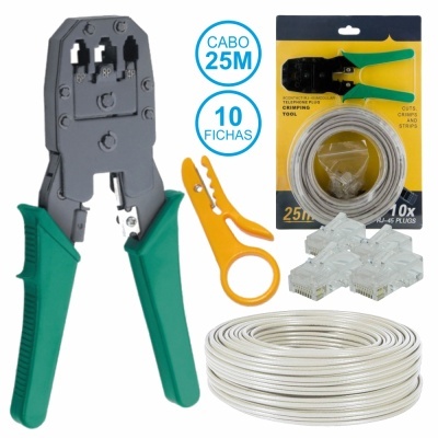 Kit alicate crimpagem verde e preto, tesoura amarela, cabo branco 25m, 10 fichas RJ-45 transparentes