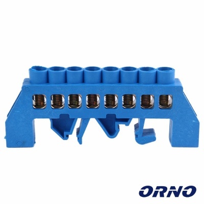 Conector elétrico azul com nove terminais metálicos e marca ORNO