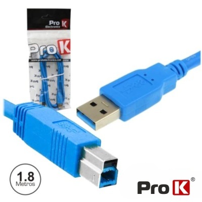 Cabo USB azul Pro K de 1,8 metros com conetores tipo A e tipo B e embalagem