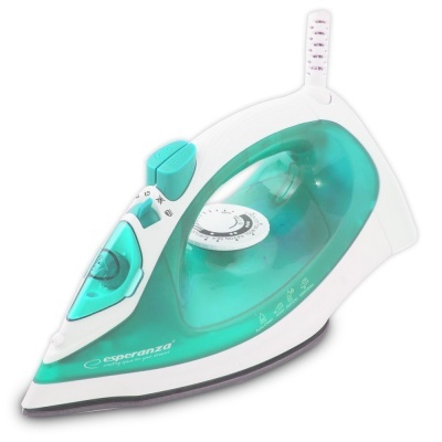 Ferro de engomar branco e verde com base preta e botões de controlo