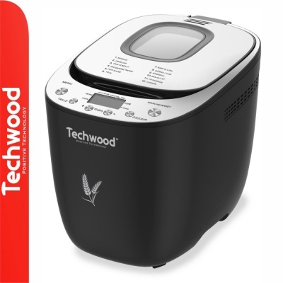 Máquina de fazer pão preta e branca Techwood com visor digital e botões