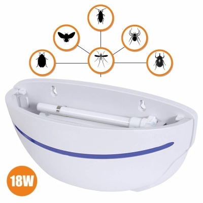 Dispositivo elétrico branco oval com luz fluorescente e selo 18W, gráfico com insetos pretos em círculos laranja