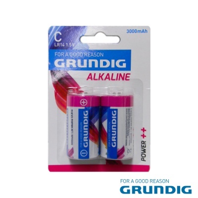 Pilhas alcalinas Grundig tamanho C em embalagem branca com azul e vermelho