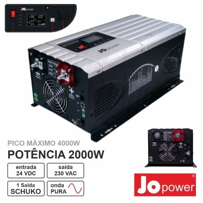 Inversor de energia preto e prateado Jo power com potência 2000W e conexões visíveis