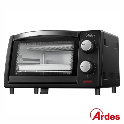 Mini forno elétrico preto com botões de controlo e porta de vidro
