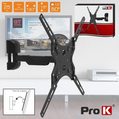 suporte de parede articulado para TV preto Pro K com embalagem e especificações