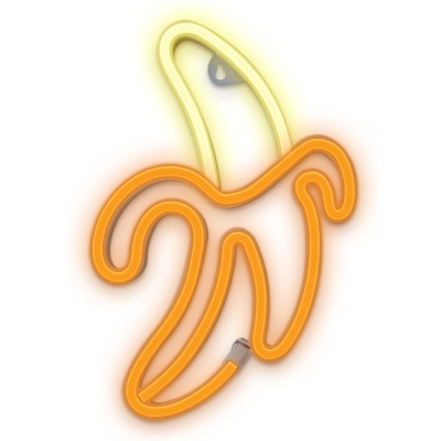 Neon luminoso em forma de banana aberta amarelo e laranja