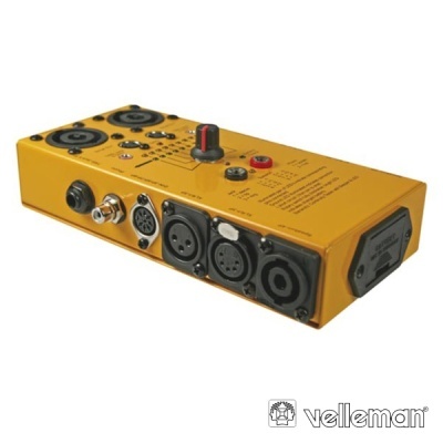 Aparelho eletrónico amarelo com vários conectores e botões