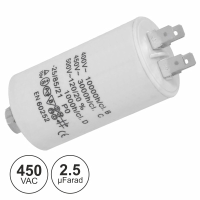 Condensador branco cilíndrico com texto impresso e ícones de 450 VAC e 2.5 µFarad