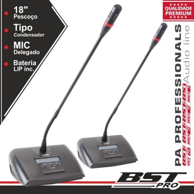 Dois microfones de condensador pretos com suporte de mesa e pescoço flexível, texto informativo ao lado.