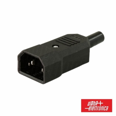 Conector de alimentação elétrico negro com logótipo alpha elettronica vermelho