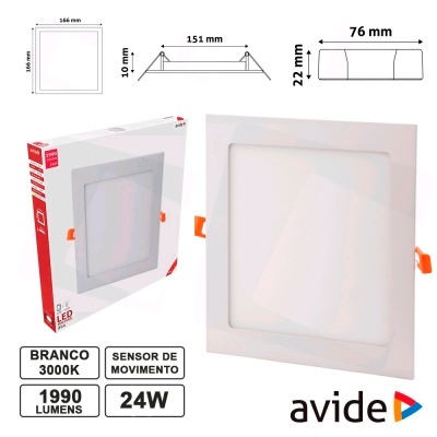 Painel LED quadrado branco com sensor de movimento e embalagem da marca Avide.