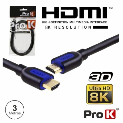 Cabo HDMI preto Pro K 3 metros com conectores azuis em embalagem transparente
