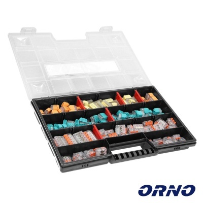 Estojo com conectores elétricos coloridos organizados em compartimentos