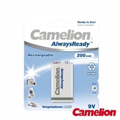 Pilha recarregável Camelion AlwaysReady 9V em embalagem azul e branca