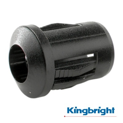 Conector de plástico preto cilíndrico com ranhuras e logo Kingbright