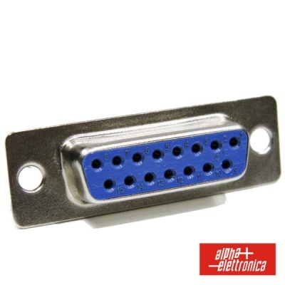 Conector DB15 fêmea azul e metálico com logotipo alfa elettronica