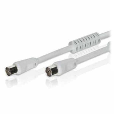 Cabo coaxial branco com conectores nas extremidades sobre fundo branco.