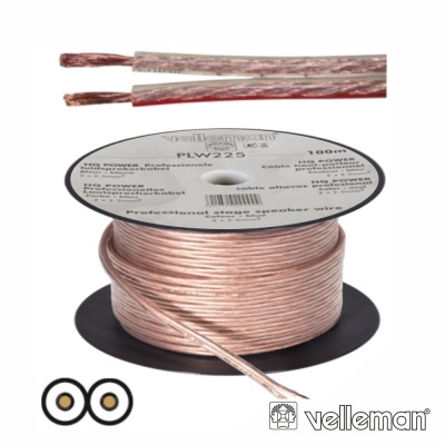Rolo de cabo de altifalante Velleman PLW225, 100m, cobre e revestimento transparente