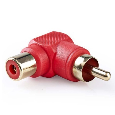 Adaptador de áudio RCA vermelho com conector macho e fêmea em fundo branco
