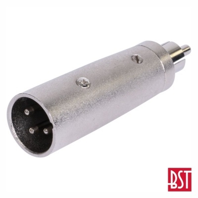 Adaptador metálico com pinos e conector RCA, logótipo BST