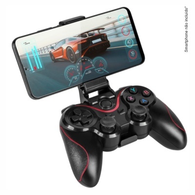 Comando de videojogo preto com suporte para smartphone e jogo de corrida