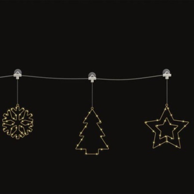 Decoração de Natal com luzes em formas de floco de neve, árvore e estrela