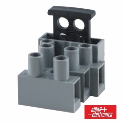 Conector elétrico cinza com alavanca preta e logótipo alpha + elettronica