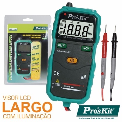 Multímetro digital Pro'sKit MT-1509 com ecrã LCD e pontas de prova