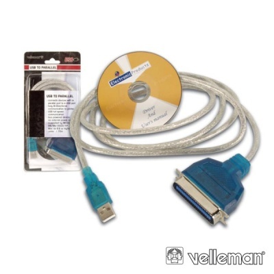 Cabo USB para paralelo da marca Velleman com CD e embalagem