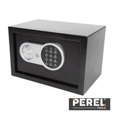 Cofre metálico preto com teclado digital e pega redonda