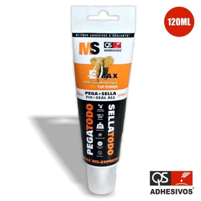 Tubo de adesivo e selante MS ELIMAX TOP POWER 120ML em branco, laranja e preto.