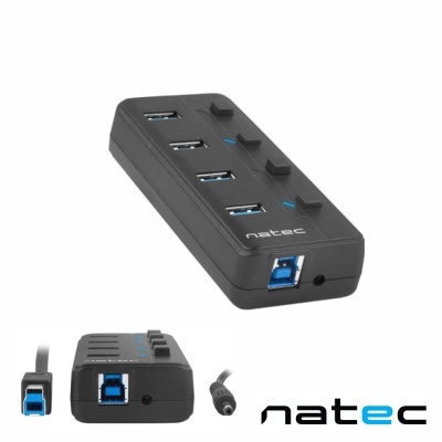 Hub USB preto natec com 4 portas USB 3.0 e conector azul