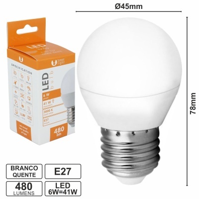 Lâmpada LED esférica branca quente com base E27 e embalagem laranja