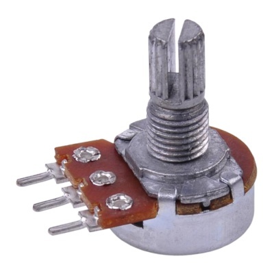 Potenciômetro rotativo pequeno com eixo metálico e três pinos metálicos