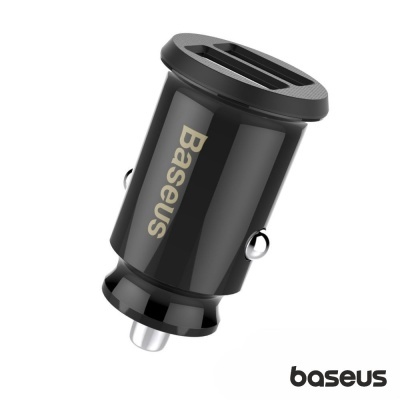 Carregador de carro Baseus preto com duas entradas USB e logotipo dourado