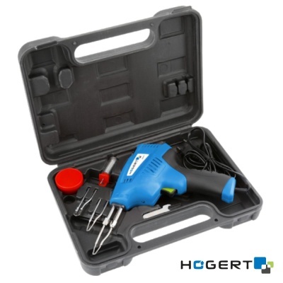 Conjunto de soldador elétrico azul com acessórios em caixa preta