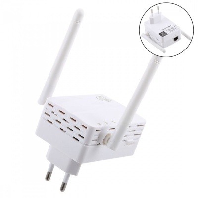 Extensor de Wi-Fi branco com duas antenas e ficha elétrica