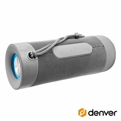 Coluna de som portátil cinza Denver com botões de controlo e alça de corda
